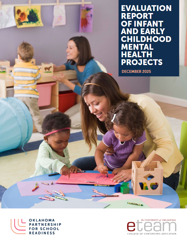 E-TEAM senior researchers Dr. Sarah Connelly and Lisa White, along with their co-authors, standing next to their award winning poster at the Oklahoma Early Childhood Research Symposium